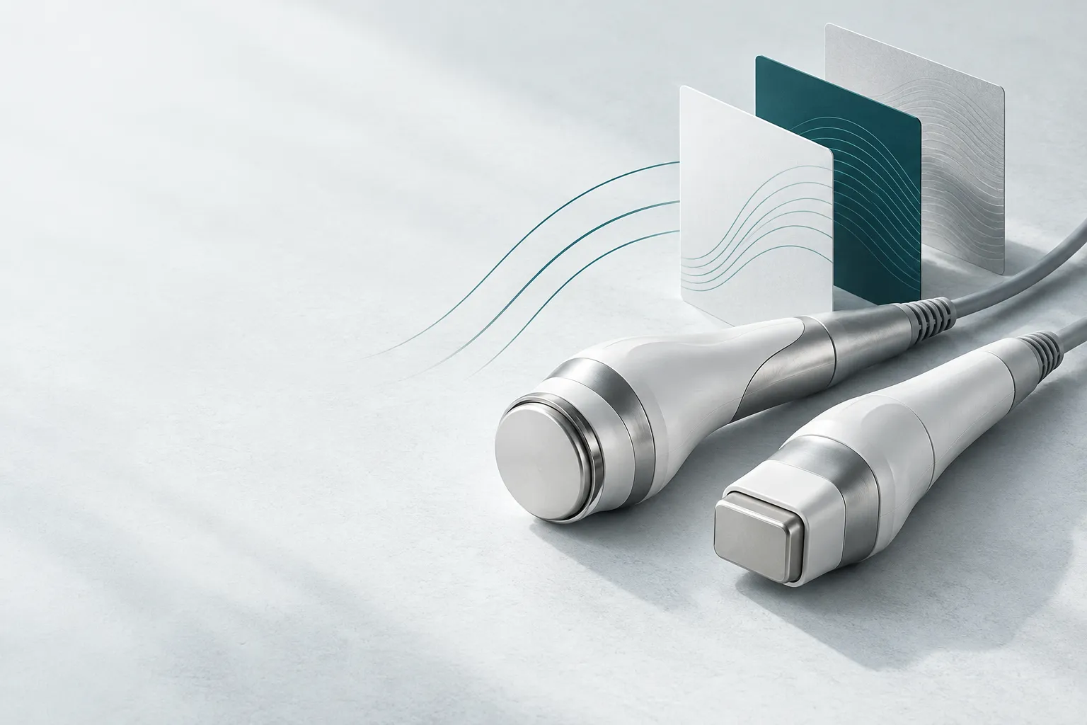 Lifting-device concept image with round and rectangular contact heads and teal wave lines